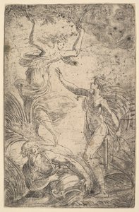 Apollo a destra con un arco che insegue Dafne a sinistra da Andrea Schiavone
