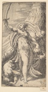 Giuditta con la spada alzata nella mano destra, che pone la testa di Oloferne nel sacco, ca. 1542-45