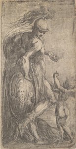 Marte in piedi a sinistra appoggiato a uno scudo, Cupido a destra, ca. 1542-46 da Andrea Schiavone