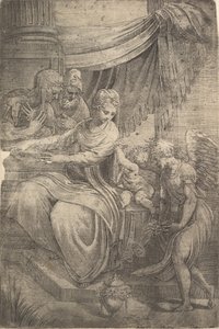 La Sacra Famiglia, un angelo che tiene fiori si avvicina da destra, ca. 1550-53 da Andrea Schiavone