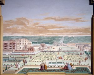 Disegno prospettico di una villa e giardino immaginario, affresco di Andrea Urbani (1711-1798) a Villa Pisani, Stra, Veneto, Italia da Andrea Urbani