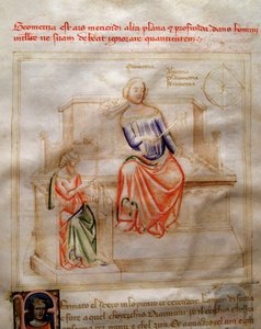Allegoria della Geometria in "Canzone delle sette Virtù e delle sette Arti liberali destinata a Bruzio Visconti" (La Canzone delle Virtù e delle Scienze) di Bartolomeo di Bartoli. Acquerello di Andrea di Bartoli da Andrea de Bartoli