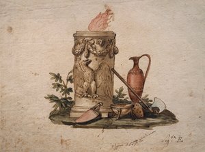 Braciere a forma di colonna, decorato con festoni e aquila, con armi da taglio, coppa e anfora