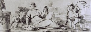 Figura femminile con putti, composizione allegorica, ca 1754, disegno di Andrea Appiani (1754-1817) per cassettone-scrittoio di Giuseppe Maggiolini, Italia da Andrea the Elder Appiani