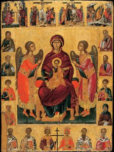 La Vergine e il Bambino in trono (con due angeli, la scena è incorniciata dalle figure degli evangelisti e dei santi, sormontata dalle scene della Passione e sotto, i patriarchi della Chiesa)