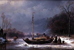 Contadini vicino a una barca su un fiume ghiacciato