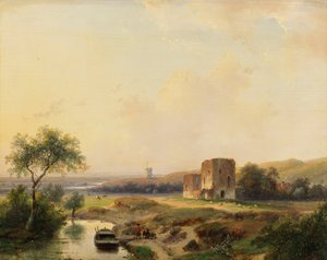 Paesaggio fluviale vicino ad Haarlem con mulino a vento e rovine di Brederode da Andreas Schelfhout