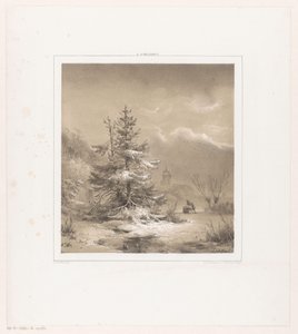 Paesaggio invernale con alberi di conifere e uomo con slitta