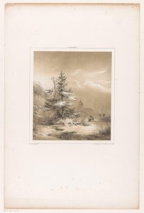 Paesaggio invernale con pini e uomo con slitta da Andreas Schelfhout