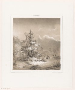 Paesaggio invernale con conifere e uomo con slitta da Andreas Schelfhout