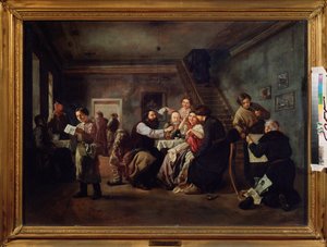 Una taverna. (Scena intorno ai tavoli apparecchiati, persone bevono il tè, un giovane commesso legge un foglio stampato, un vecchio mostra incisioni a un amatore, fumando la pipa) da Andrei Andreevich Popov