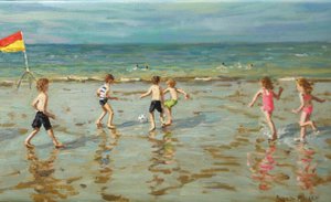 Calcio da spiaggia, Sheringham, 2018 (olio su tela) da Andrew Macara