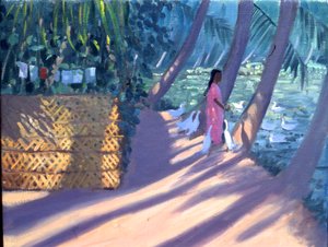 Nutrire le anatre, Kerala, India (olio su tela) da Andrew Macara