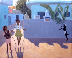 Ragazza che salta, scimmia e capra, India da Andrew Macara