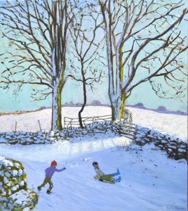 Grandi alberi e slitte, Derbyshire, 2023 (olio su tela) da Andrew Macara
