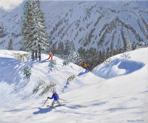 Tre sciatori, Kitzbuehel, Austria, 2024 (olio su tela) da Andrew Macara