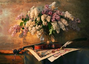 Natura morta con lillà e violino