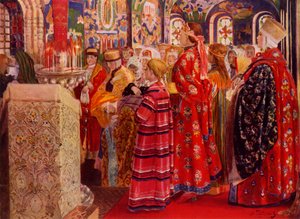 Donne russe del XVII secolo in chiesa, 1899, 1965 da Andrey Ryabushkin