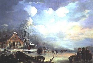 Paesaggio invernale con cottage e figure