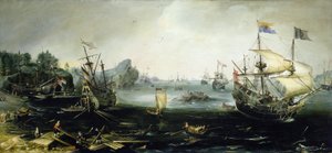 Navi olandesi che caricano un carico di legname in un fiordo scandinavo da Andries van Eertvelt