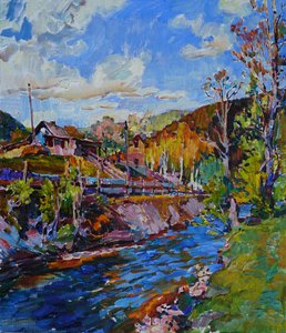 Vivace villaggio sulle rive di un fiume di montagna da Andrii Kutsachenko