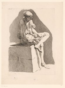 Caricatura di un ragazzo che cuce la sua calza da Ange Laurent de, marquis de Rémoville Lalive