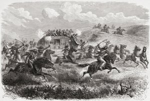 Indiani che attaccano una diligenza transcontinentale nel 1867, illustrazione da 