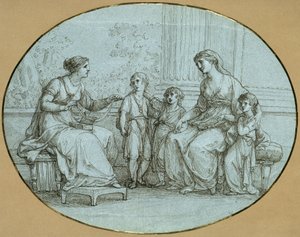 Cornelia, madre dei Gracchi, siede (a destra) di fronte a una ricca romana, alla quale mostra i suoi tre figli come il suo bene più prezioso da Angelica Kauffmann
