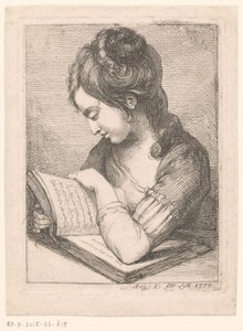 Giovane donna che legge a un tavolo, con il gomito appoggiato su un libro da Angelica Kauffmann