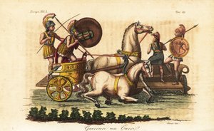 Antichi guerrieri greci con scudi dipinti che cavalcano una biga o carro a due cavalli da Angelo (after) Monticelli