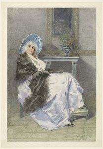 Giovane donna seduta con scialle nero e gonna viola da Angelo Achini