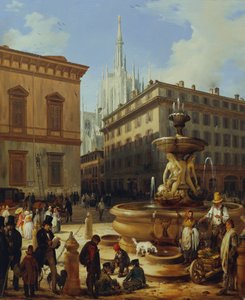 Veduta di strada a Milano, con il Duomo sullo sfondo da Angelo Inganni