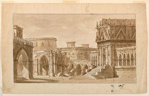 Scenografia, palazzo gotico, chiesa e fortezza da Angelo Toselli
