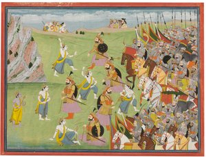 Un dipinto dal Mahabharata: Balabhadra combatte Jarasandha, Kangra o Garhwal, c.1810-20