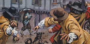 Cocchieri arrabbiati gettano terra contro uomini con ombrelli (litografia a colori)