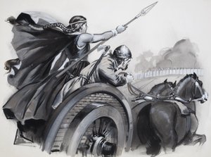 Boadicea che scatena la furia dei Britanni contro i loro padroni romani (guazzo su carta) da Angus McBride