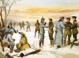 Soldati britannici e tedeschi fanno una tregua natalizia durante la Grande Guerra da Angus McBride