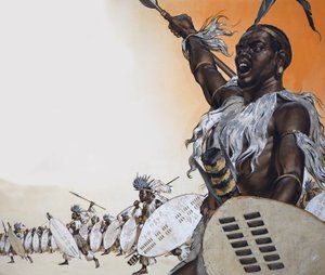 Chaka in battaglia alla testa del reggimento di Tulwana impi (gouache su carta) da Angus McBride