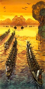 Henry Stanley, alla ricerca di Livingstone, dovette affrontare tribù ostili in canoe da guerra da Angus McBride