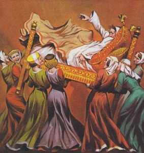 Re Edoardo I viene sollevato nel suo letto dalle dame di corte (litografia a colori)