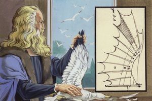 Leonardo Da Vinci studia gli uccelli per scoprire come un uomo possa volare (gouache su carta) da Angus McBride