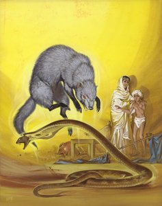 Mangusta che uccide un serpente in una casa indiana (gouache su carta)
