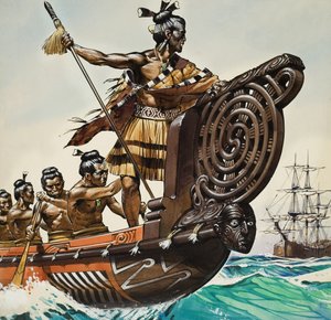 Gli indigeni e il capitano Cook (1728-79) (gouache su carta) da Angus McBride
