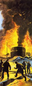 Serbatoi di petrolio in fiamme a Seward dopo il terremoto di Anchorage del 1964 da Angus McBride