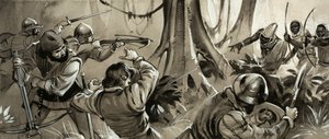 Marinai portoghesi attaccati da tribù ostili in Nord Africa (gouache su carta)