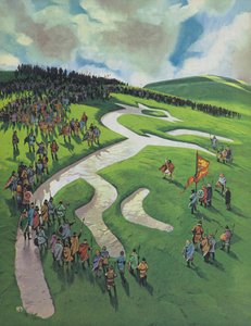 Cavallo bianco di Uffington, costruito da Alfredo il Grande dopo la battaglia di Ashdown contro i danesi (litografia a colori) da Angus McBride