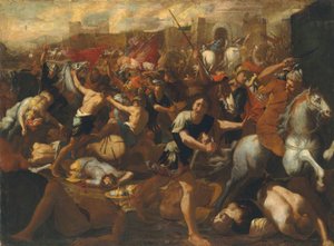 La battaglia tra gli Israeliti e gli Amaleciti osservata da Mosè, con le braccia sollevate da Aronne e Cur da Aniello Falcone