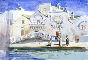 Case lungo un canale con una linea di lavaggio, c. 1864-1930 da Anna Lea Merritt