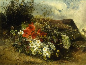 Fiori Selvatici su una Sponda, con un Cottage oltre
