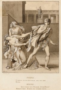 Fedra, dopo aver dichiarato la sua passione, tenta di uccidersi con la spada di Ippolito da Anne-Louis Girodet de Roucy-Trioson